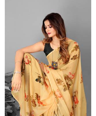 Yellow & Brown Organza Floral Printed Saree With Blouse 3