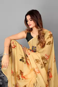 Yellow & Brown Organza Floral Printed Saree With Blouse