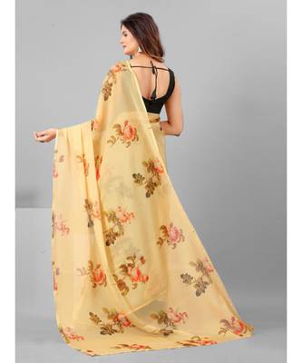 Yellow & Brown Organza Floral Printed Saree With Blouse 4