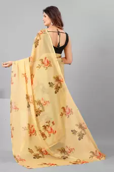 Yellow & Brown Organza Floral Printed Saree With Blouse