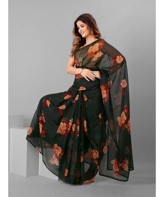 Black & Pink Organza Floral Printed Saree with blouse 1