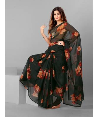 Black & Pink Organza Floral Printed Saree with blouse 2