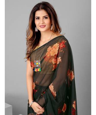 Black & Pink Organza Floral Printed Saree with blouse 3