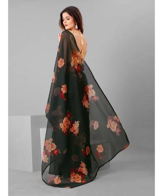 Black & Pink Organza Floral Printed Saree with blouse 4