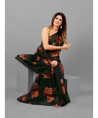 Black & Pink Organza Floral Printed Saree with blouse 5