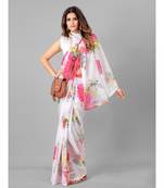 White & Pink Organza Floral Printed Saree with blouse