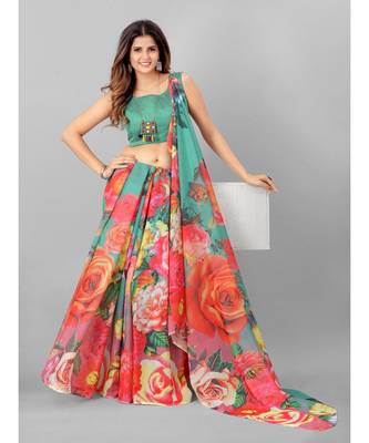 MultiCOLOR Organza Floral Printed Saree with blouse 2