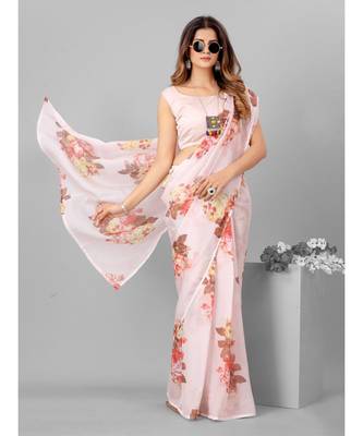 Pink Floral Print Organza Saree with blouse 1
