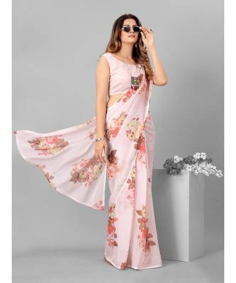 Pink Floral Print Organza Saree with blouse 2