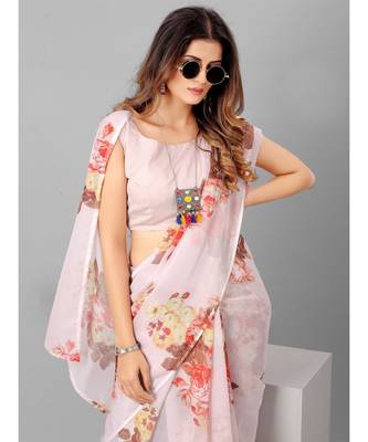 Pink Floral Print Organza Saree with blouse 4