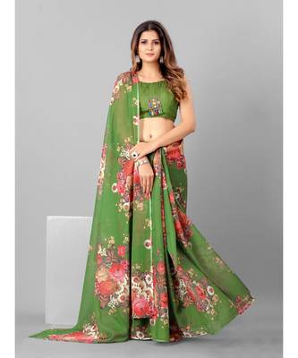 Green & Pink Organza Floral Printed Saree with blouse 1