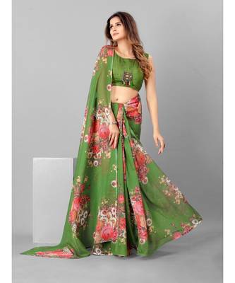 Green & Pink Organza Floral Printed Saree with blouse 2