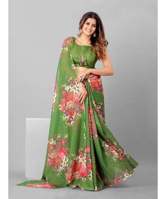 Green & Pink Organza Floral Printed Saree with blouse 3