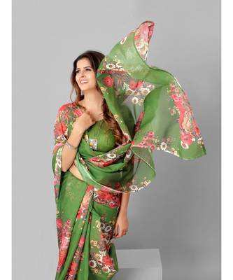 Green & Pink Organza Floral Printed Saree with blouse 4