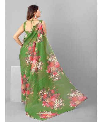 Green & Pink Organza Floral Printed Saree with blouse 5