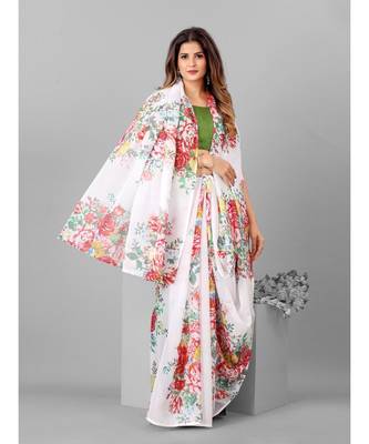 White & Red Organza Floral Printed Saree with blouse 3