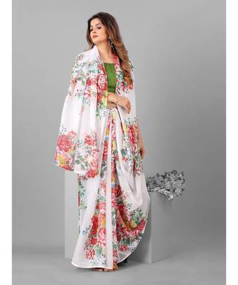 White & Red Organza Floral Printed Saree with blouse 4