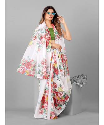 White & Red Organza Floral Printed Saree with blouse 5