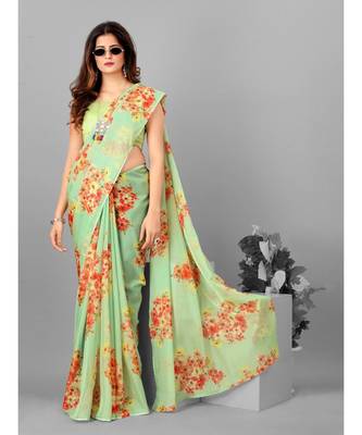 Green Organza Floral Printed Saree With Blouse 1