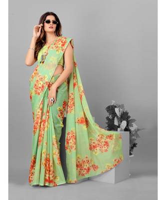 Green Organza Floral Printed Saree With Blouse 2