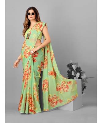 Green Organza Floral Printed Saree With Blouse 3