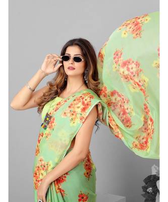 Green Organza Floral Printed Saree With Blouse 4