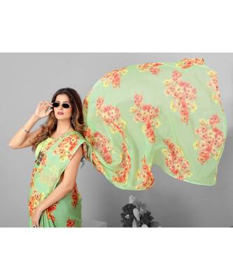 Green Organza Floral Printed Saree With Blouse 5