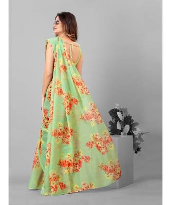 Green Organza Floral Printed Saree With Blouse 6