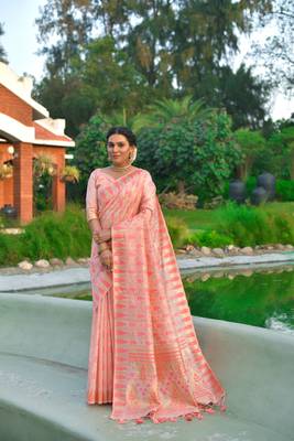 Cream woven tussar silk saree with blouse 1