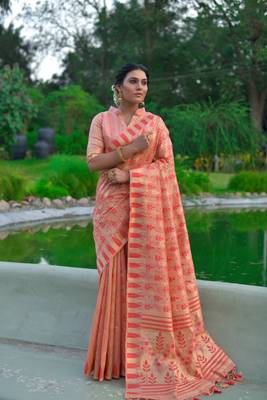 Yellow woven raw silk saree with blouse 1