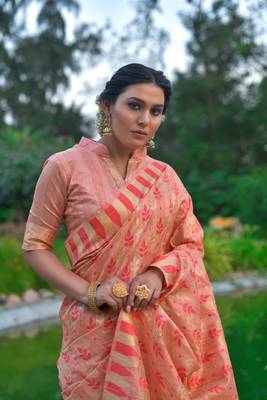 Yellow woven raw silk saree with blouse 2