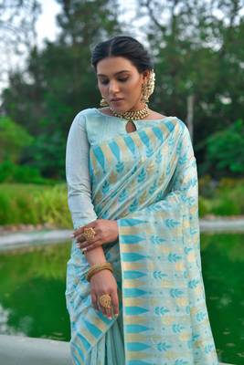 Teal woven raw silk saree with blouse 2