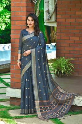 Navy blue woven banarasi silk saree with blouse 1