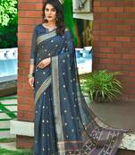 Navy blue woven banarasi silk saree with blouse