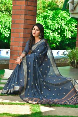 Navy blue woven banarasi silk saree with blouse 2