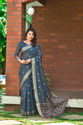 Navy blue woven banarasi silk saree with blouse 3