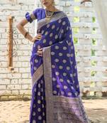 Blue woven tussar silk saree with blouse