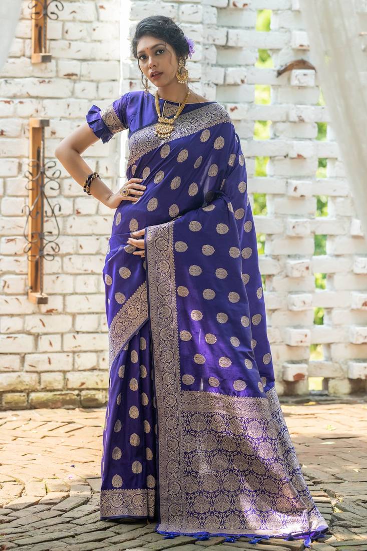 Blue woven tussar silk saree with blouse