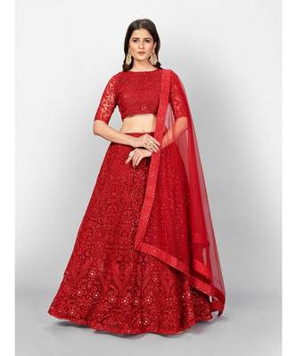 Red Coloured Semi Stitched Lehenga & Unstitched Blouse with Dupatta 4