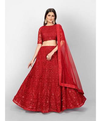 Red Coloured Semi Stitched Lehenga & Unstitched Blouse with Dupatta 5