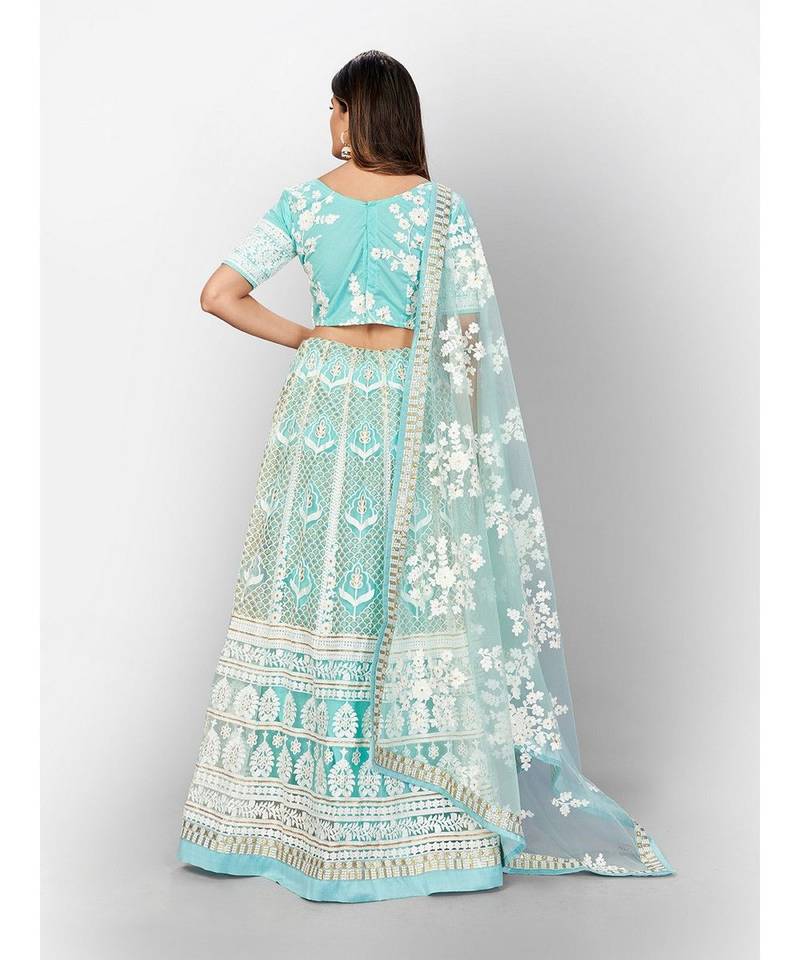 Turquoise Blue Coloured Semi Stitched Lehenga & Unstitched Blouse with ...