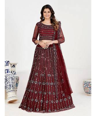 Maroon & Silver Embroidered Semi Stitched Lehenga & Unstitched choli With Dupatta 1