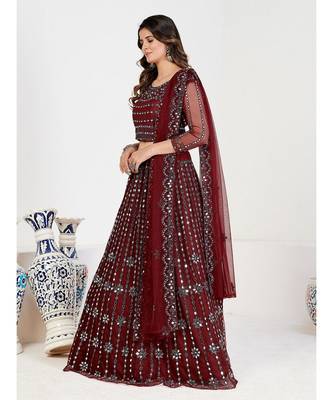 Maroon & Silver Embroidered Semi Stitched Lehenga & Unstitched choli With Dupatta 3