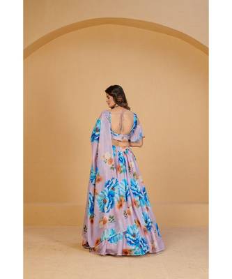 Mauve & Blue Printed Semi Stitched Lehenga & Unstitched Blouse With Dupatta 2