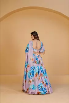 Mauve & Blue Printed Semi Stitched Lehenga & Unstitched Blouse With Dupatta