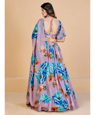 Mauve & Blue Printed Semi Stitched Lehenga & Unstitched Blouse With Dupatta 3