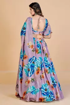 Mauve & Blue Printed Semi Stitched Lehenga & Unstitched Blouse With Dupatta