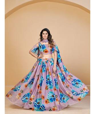 Mauve & Blue Printed Semi Stitched Lehenga & Unstitched Blouse With Dupatta 1
