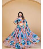Mauve & Blue Printed Semi Stitched Lehenga & Unstitched Blouse With Dupatta