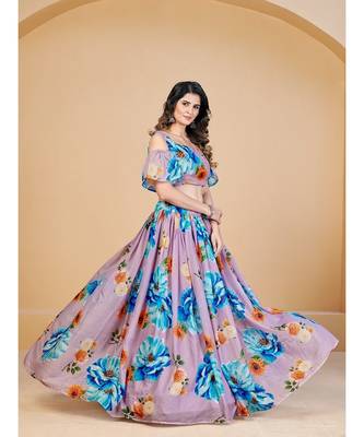 Mauve & Blue Printed Semi Stitched Lehenga & Unstitched Blouse With Dupatta 4